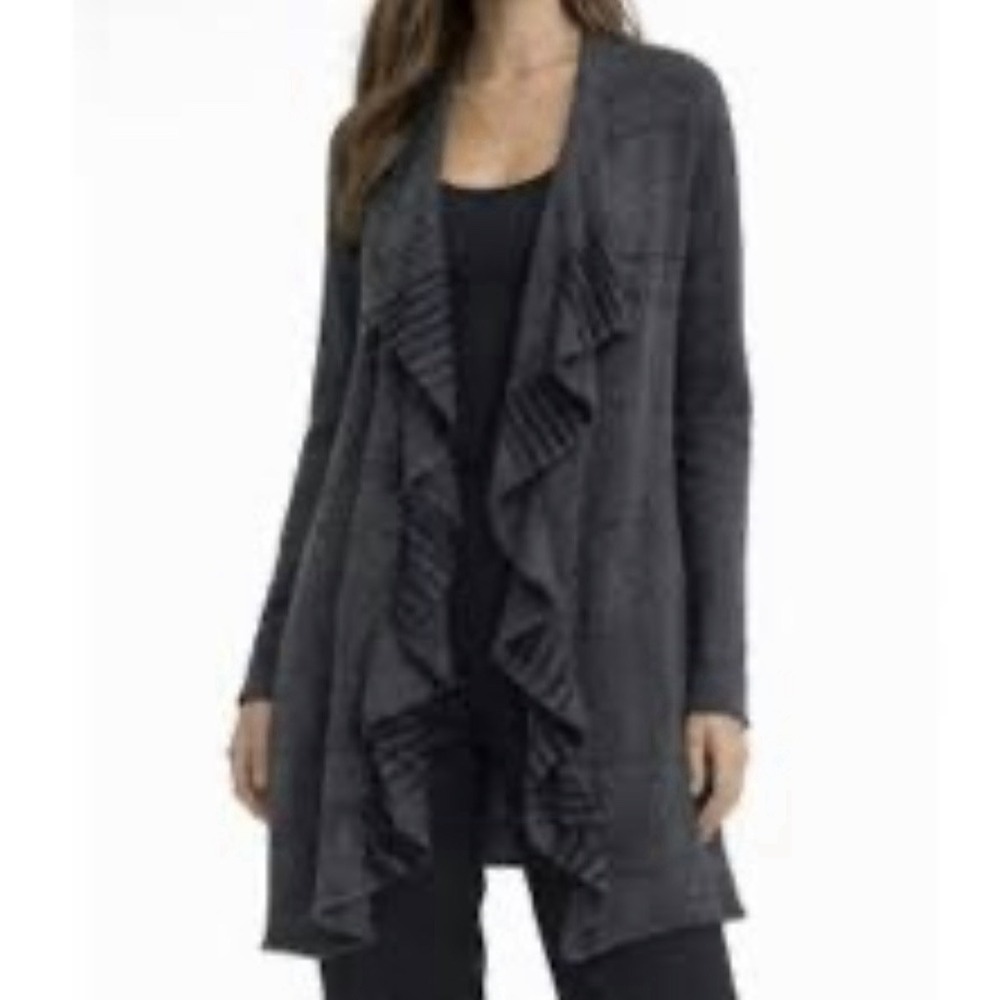 Eileen Fisher Gray Black Merino Wool-Cashmere Ruffle Waterfall Cardigan Size 1X